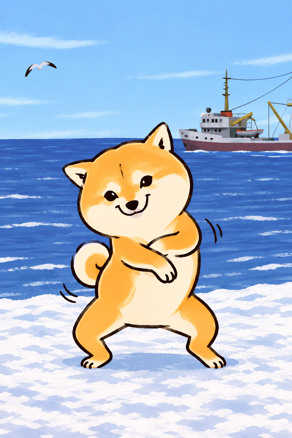 A hand-painted orange Shiba Inu dancing by a bright blue ocean